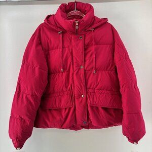 Kate Spade Bright Pink Quilted Hooded Puffer Jacket XL Gold Buttons Designer